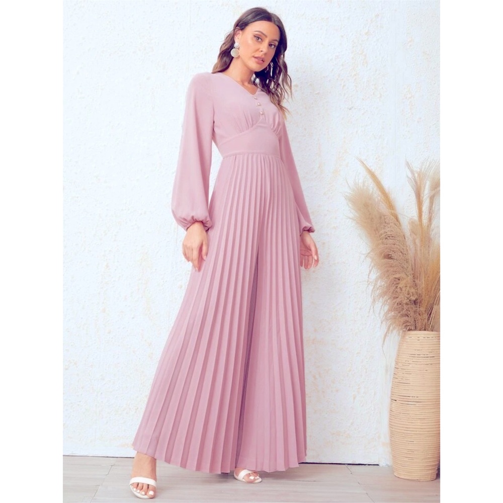 Button Front Lantern Sleeve Pleated High Waist Jumpsuit